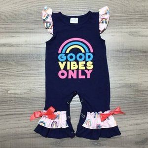Boutique Rainbow Good Vibes Only Baby Girls Ruffle Romper Jumpsuit